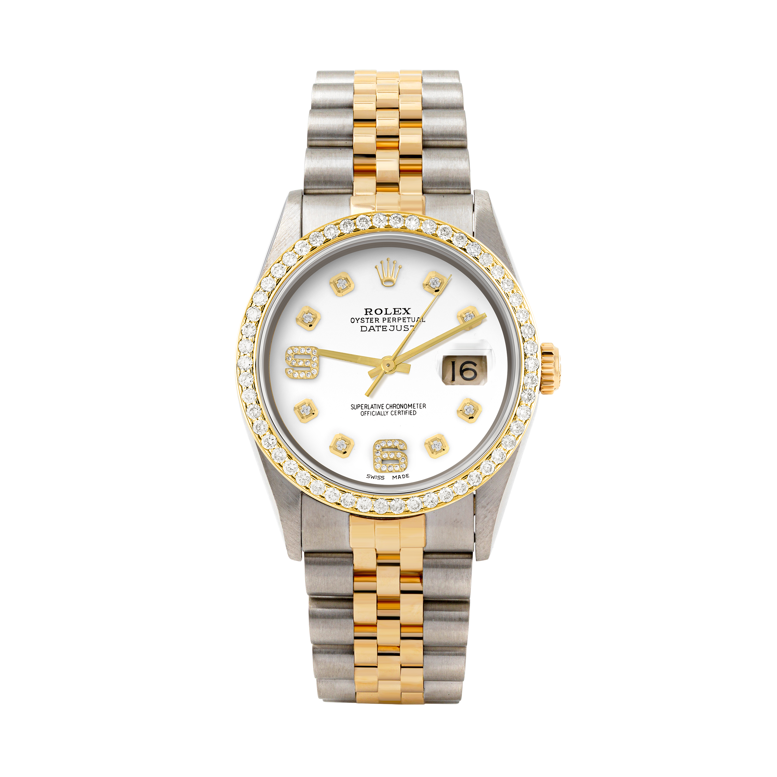 Rolex Datejust 36mm TWO TONE 16233 White Dial |  6&9 Diamond  Hour Markers | 1ct Diamond Bezel