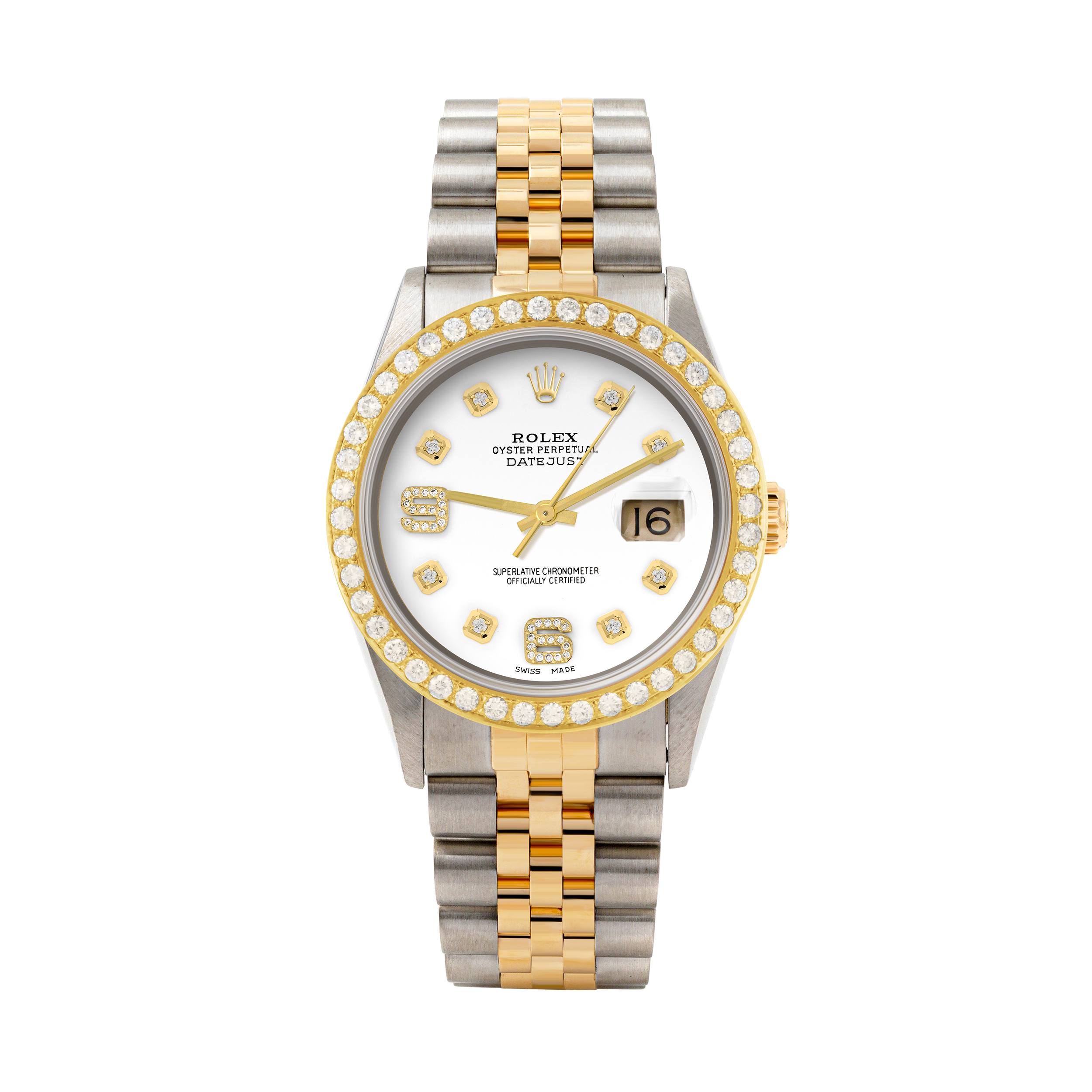 Rolex Datejust 36mm TWO TONE 16233 White Dial |  6&9 Diamond  Hour Markers | 2ct Diamond Bezel