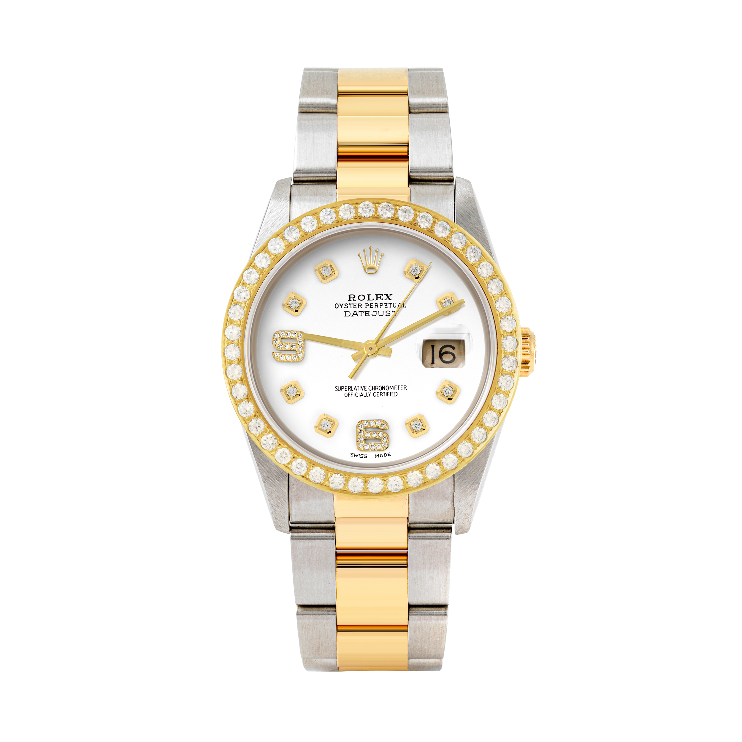 Rolex Datejust 36mm TWO TONE 16233 White Dial |  6&9 Diamond  Hour Markers | 2ct Diamond Bezel