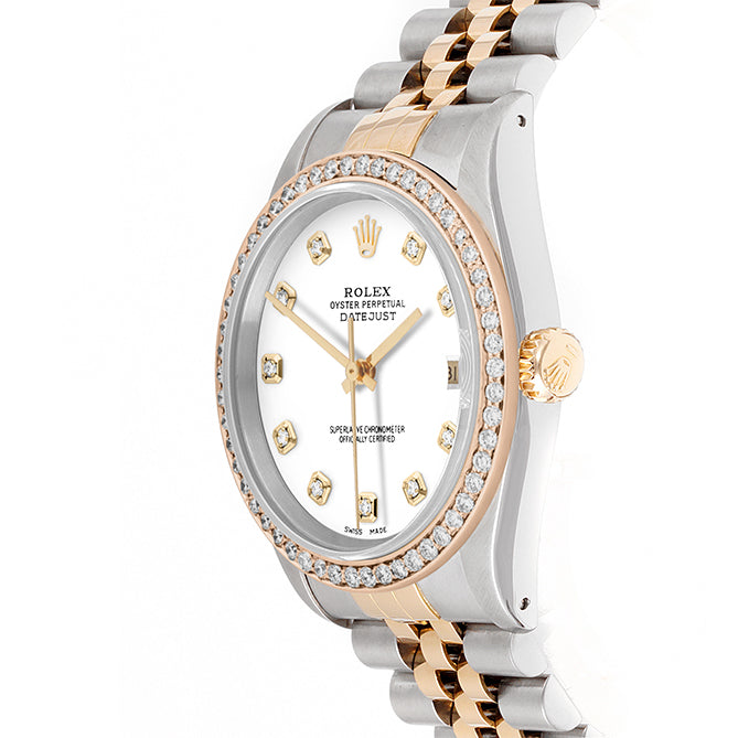 Rolex Datejust 36mm TWO TONE 16233 White  Dial |  Diamond Hour Markers | 1ct Diamond Bezel