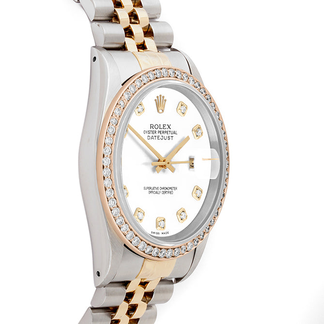 Rolex Datejust 36mm TWO TONE 16233 White  Dial |  Diamond Hour Markers | 1ct Diamond Bezel