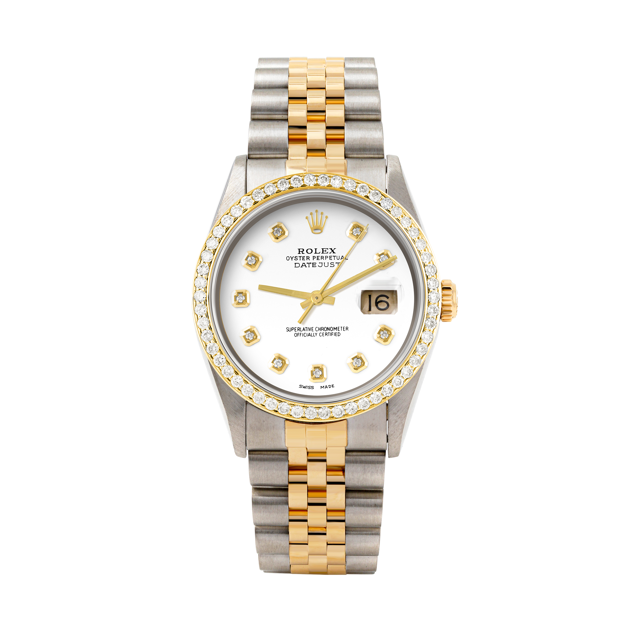 Rolex Datejust 36mm TWO TONE 16233 White  Dial |  Diamond Hour Markers | 1ct Diamond Bezel