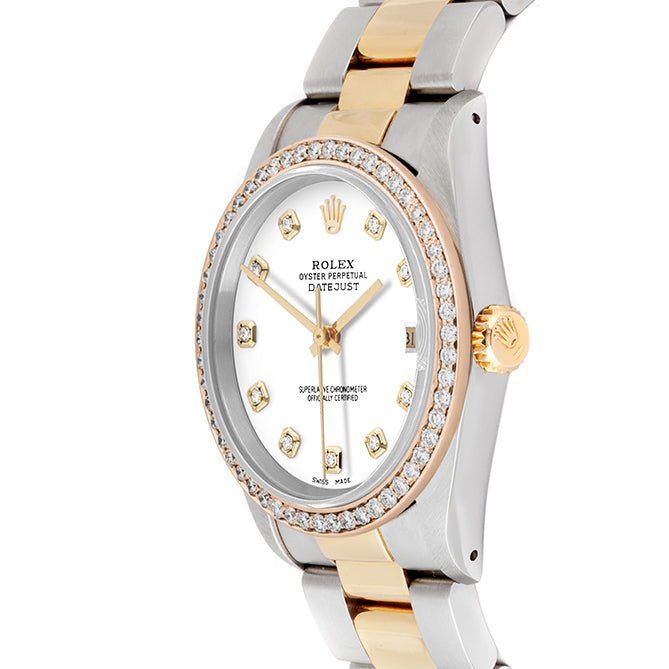 Rolex Datejust 36mm TWO TONE 16233 White  Dial |  Diamond Hour Markers | 1ct Diamond Bezel