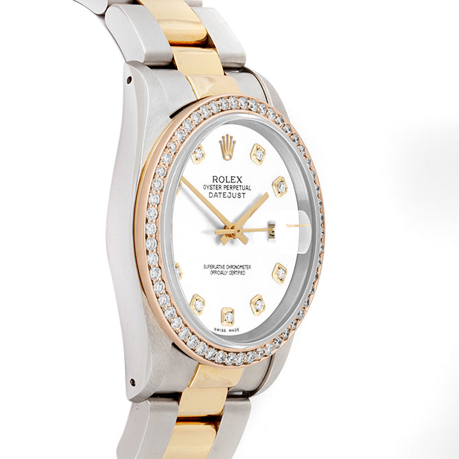 Rolex Datejust 36mm TWO TONE 16233 White  Dial |  Diamond Hour Markers | 1ct Diamond Bezel