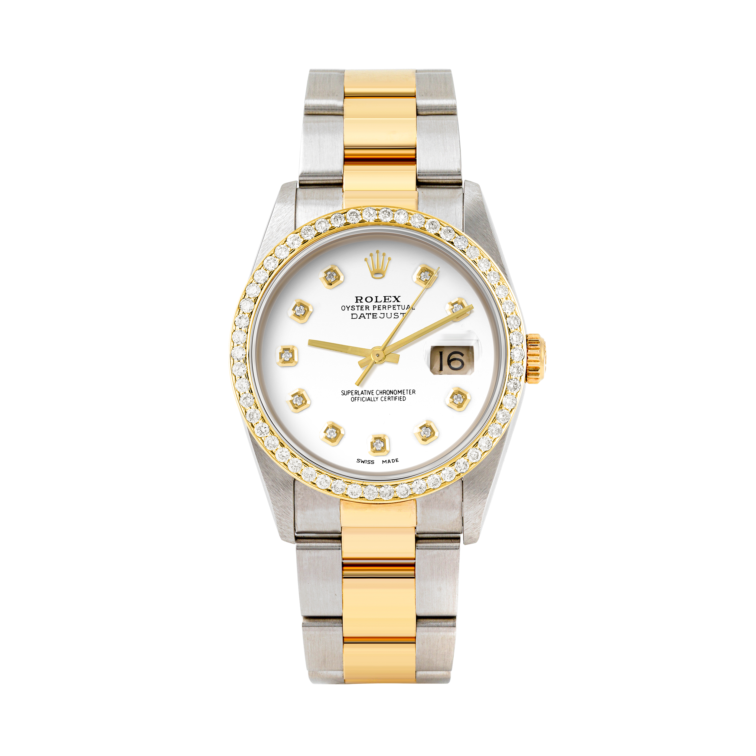 Rolex Datejust 36mm TWO TONE 16233 White  Dial |  Diamond Hour Markers | 1ct Diamond Bezel