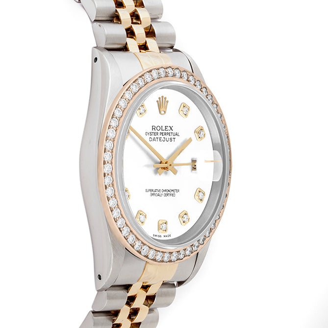 Rolex Datejust 36mm TWO TONE 16233 White Dial | Diamond  Hour Markers | 1.8ct Diamond Bezel