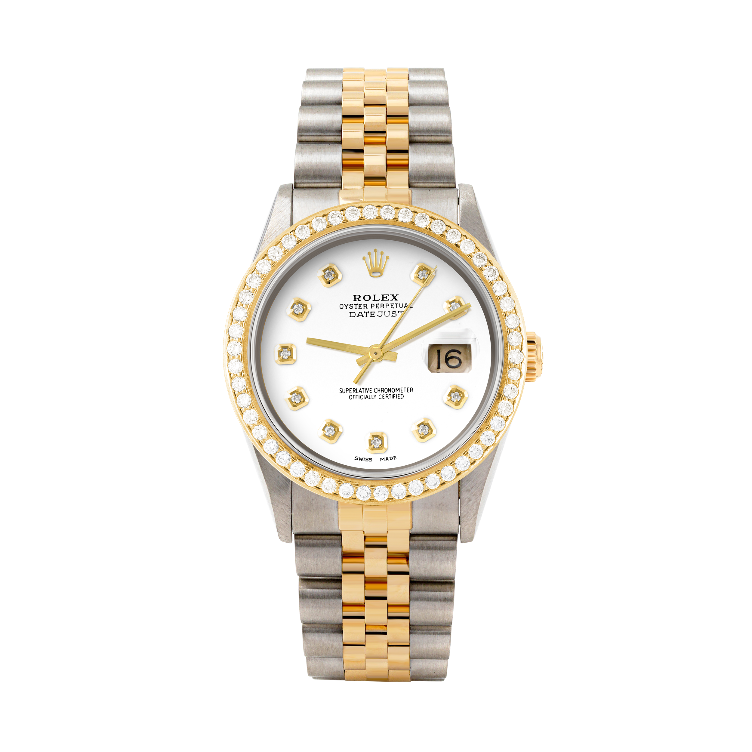 Rolex Datejust 36mm TWO TONE 16233 White Dial | Diamond  Hour Markers | 1.8ct Diamond Bezel