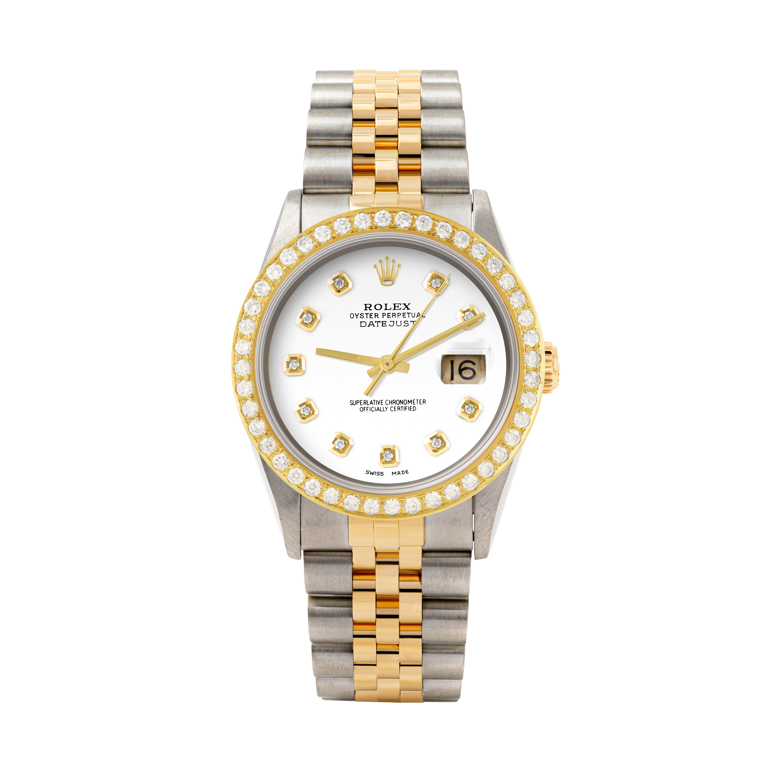 Rolex Datejust 36mm TWO TONE 16233 White  Dial | Diamond Hour Markers | 2ct Diamond Bezel