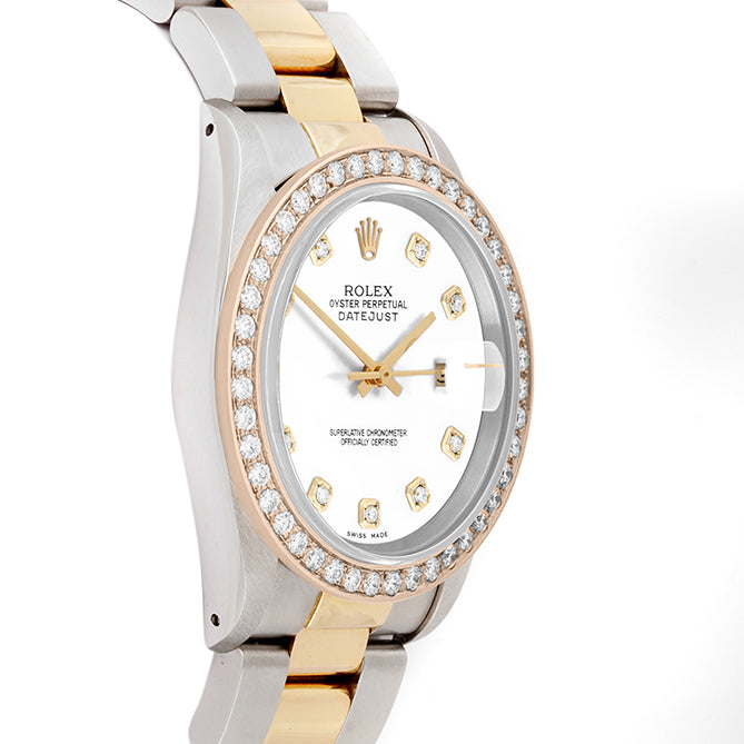 Rolex Datejust 36mm TWO TONE 16233 White  Dial | Diamond Hour Markers | 2ct Diamond Bezel