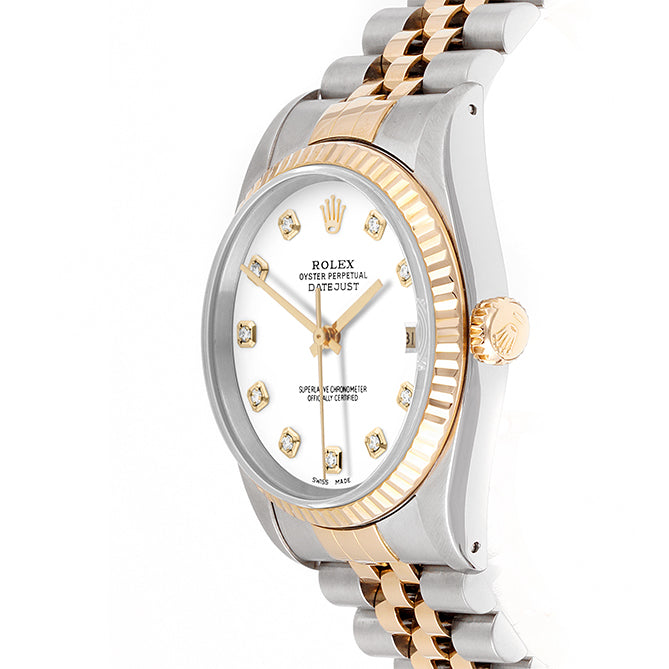 Rolex Datejust 36mm TWO TONE 16233 White Dial | Diamond  Hour Markers | Fluted Bezel