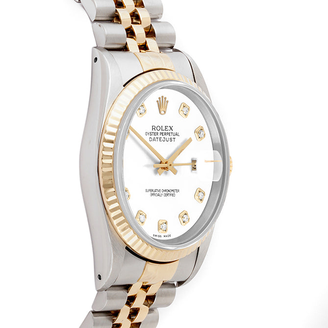 Rolex Datejust 36mm TWO TONE 16233 White Dial | Diamond  Hour Markers | Fluted Bezel