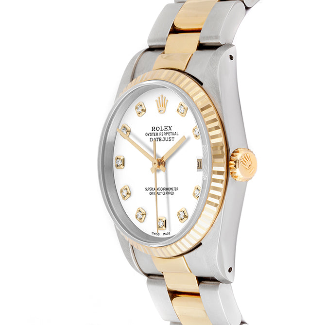 Rolex Datejust 36mm TWO TONE 16233 White Dial | Diamond  Hour Markers | Fluted Bezel