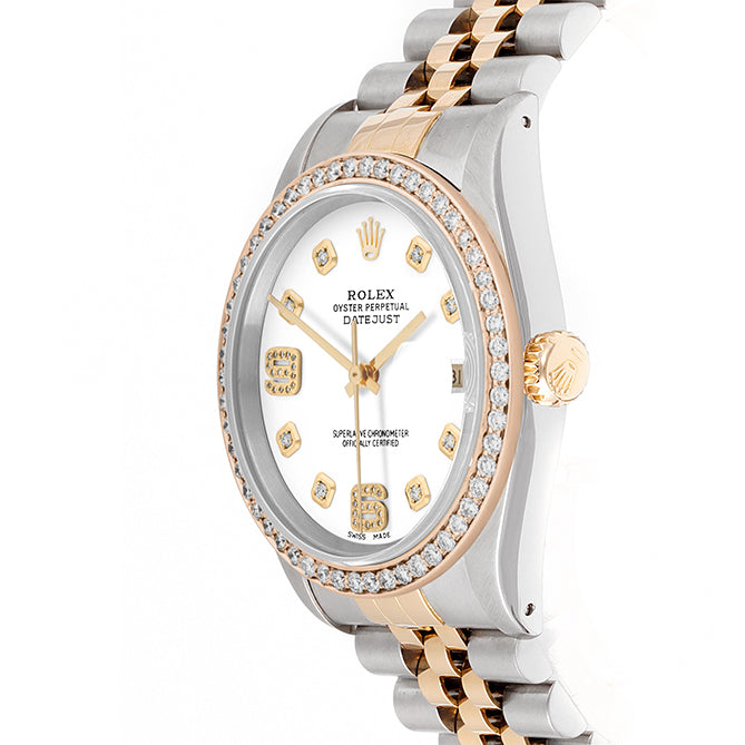 Rolex Datejust 36mm TWO TONE 16233 White Dial |  6&9 Diamond  Hour Markers | 1ct Diamond Bezel
