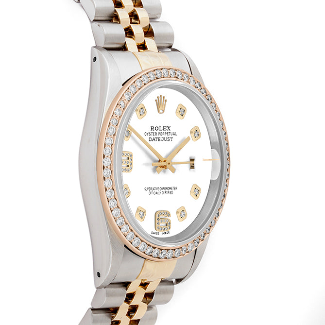 Rolex Datejust 36mm TWO TONE 16233 White Dial |  6&9 Diamond  Hour Markers | 1ct Diamond Bezel