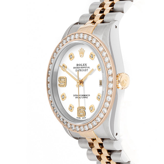Rolex Datejust 36mm TWO TONE 16233 White Dial |  6&9 Diamond  Hour Markers | 2ct Diamond Bezel