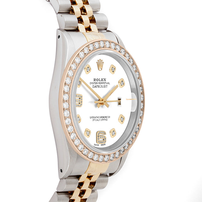 Rolex Datejust 36mm TWO TONE 16233 White Dial |  6&9 Diamond  Hour Markers | 2ct Diamond Bezel