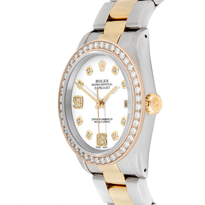 Rolex Datejust 36mm TWO TONE 16233 White Dial |  6&9 Diamond  Hour Markers | 2ct Diamond Bezel