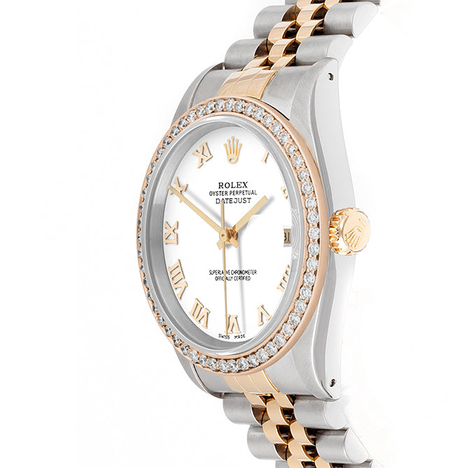 Rolex Datejust 36mm TWO TONE 16233 White  Dial | Roman Hour Markers | 1ct Diamond Bezel