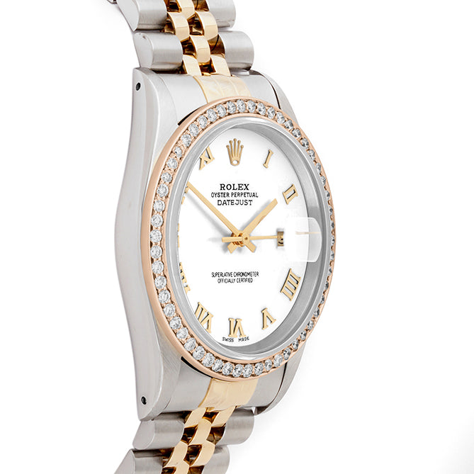 Rolex Datejust 36mm TWO TONE 16233 White  Dial | Roman Hour Markers | 1ct Diamond Bezel