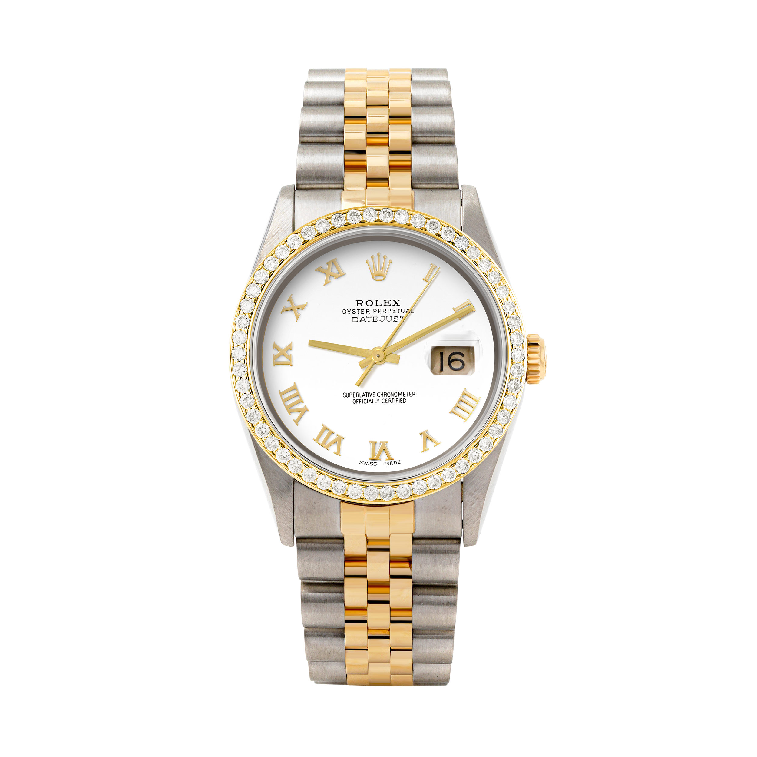 Rolex Datejust 36mm TWO TONE 16233 White  Dial | Roman Hour Markers | 1ct Diamond Bezel