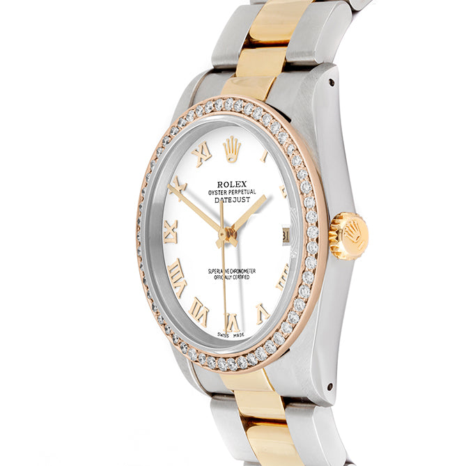 Rolex Datejust 36mm TWO TONE 16233 White  Dial | Roman Hour Markers | 1ct Diamond Bezel