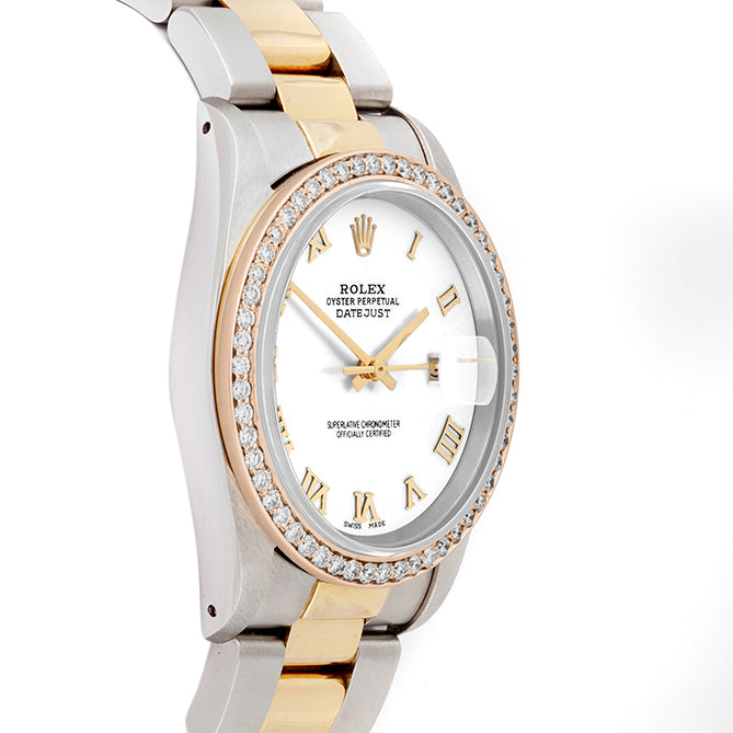 Rolex Datejust 36mm TWO TONE 16233 White  Dial | Roman Hour Markers | 1ct Diamond Bezel