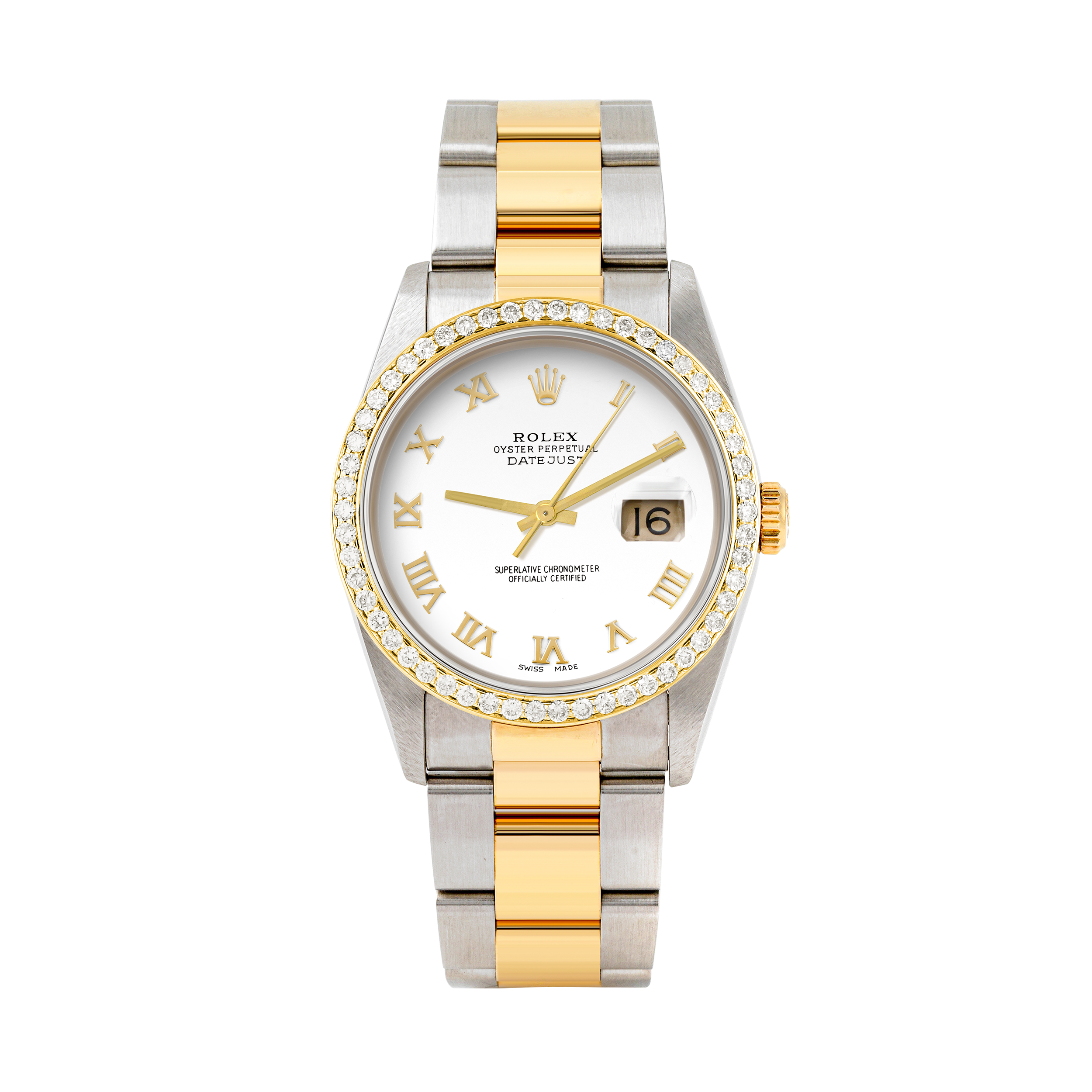 Rolex Datejust 36mm TWO TONE 16233 White  Dial | Roman Hour Markers | 1ct Diamond Bezel