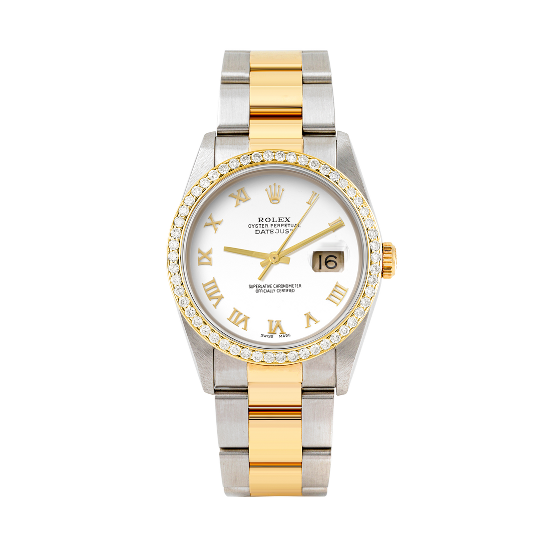 Rolex Datejust 36mm TWO TONE 16233 White  Dial | Roman Hour Markers | 1ct Diamond Bezel