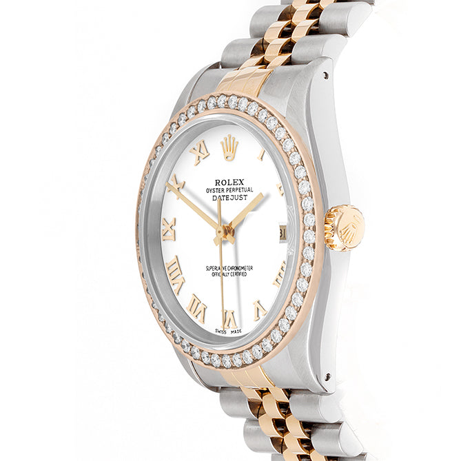 Rolex Datejust 36mm TWO TONE 16233 White Dial | Roman Hour Markers | 1.8ct Diamond Bezel