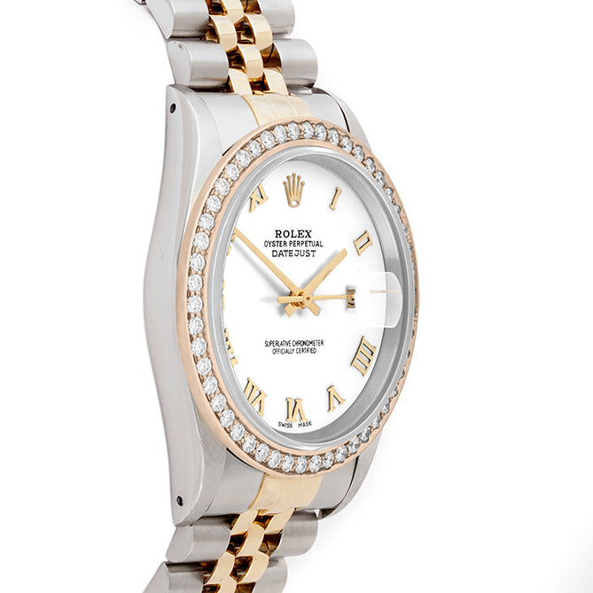 Rolex Datejust 36mm TWO TONE 16233 White Dial | Roman Hour Markers | 1.8ct Diamond Bezel