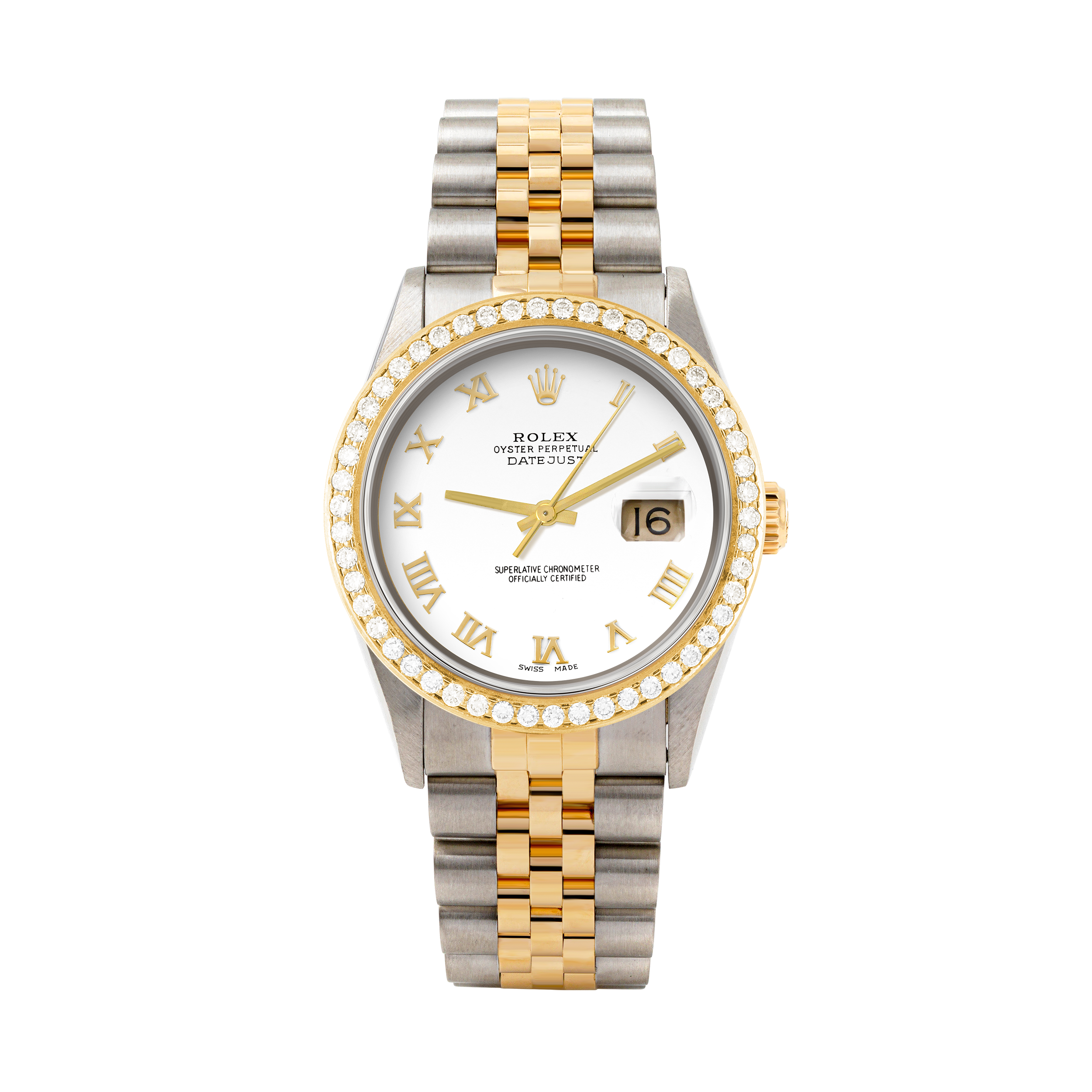 Rolex Datejust 36mm TWO TONE 16233 White Dial | Roman Hour Markers | 1.8ct Diamond Bezel