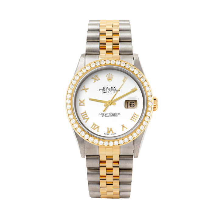 Rolex Datejust 36mm TWO TONE 16233 White Dial | Roman Hour Markers | 1.8ct Diamond Bezel