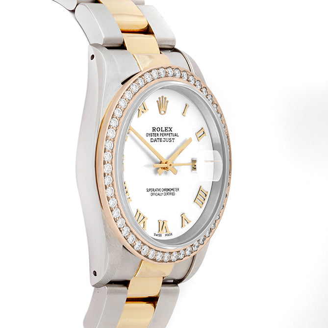 Rolex Datejust 36mm TWO TONE 16233 White Dial | Roman Hour Markers | 1.8ct Diamond Bezel