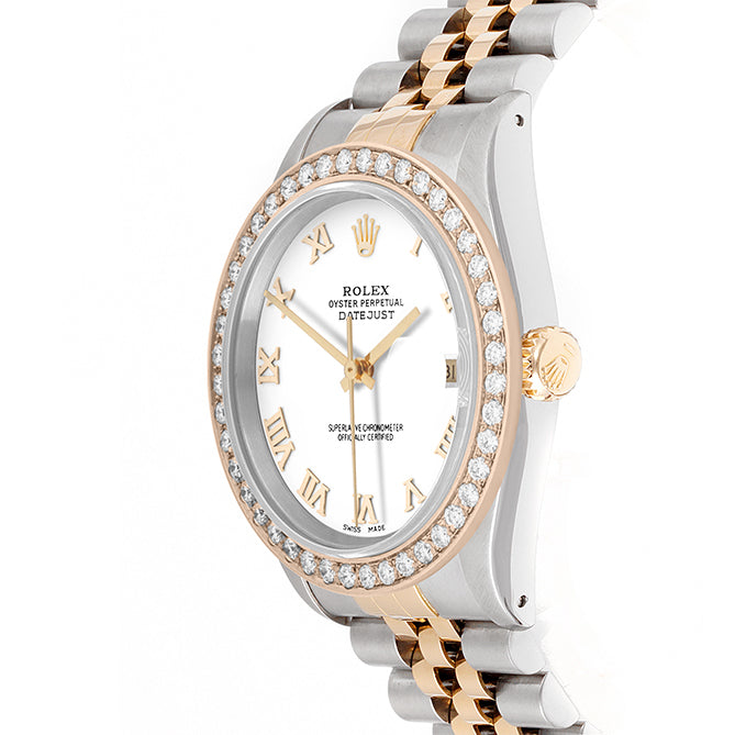 Rolex Datejust 36mm TWO TONE 16233  White  Dial | Roman Hour Markers | 2ct Diamond Bezel