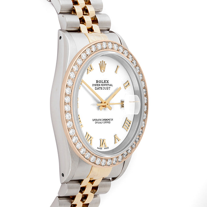 Rolex Datejust 36mm TWO TONE 16233  White  Dial | Roman Hour Markers | 2ct Diamond Bezel