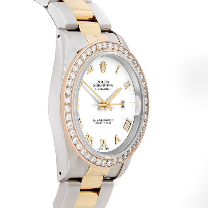 Rolex Datejust 36mm TWO TONE 16233  White  Dial | Roman Hour Markers | 2ct Diamond Bezel