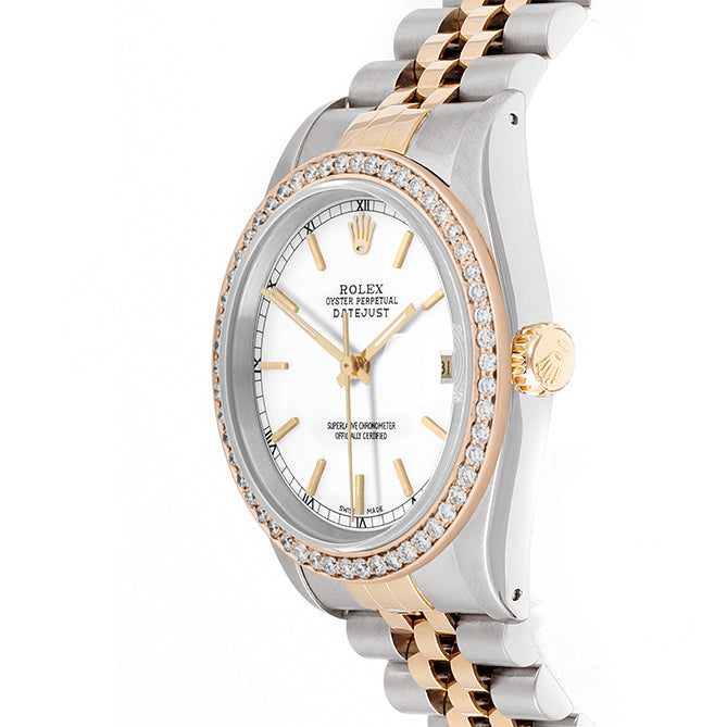 Rolex Datejust 36mm TWO TONE 16233 White Stick Dial | Stick Hour Markers | 1ct Diamond Bezel