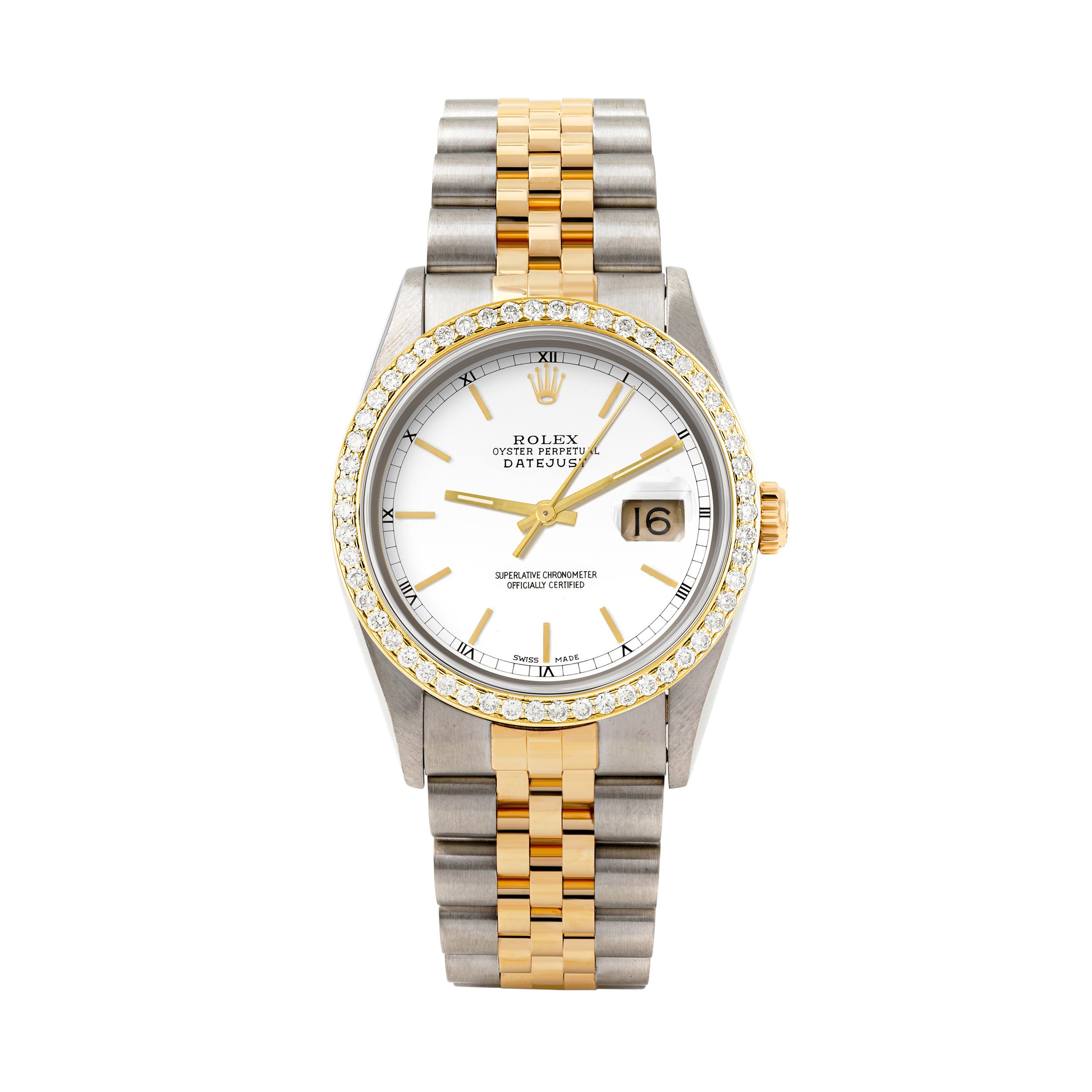 Rolex Datejust 36mm TWO TONE 16233 White  Dial |  Stick Hour Markers | 1ct Diamond Bezel