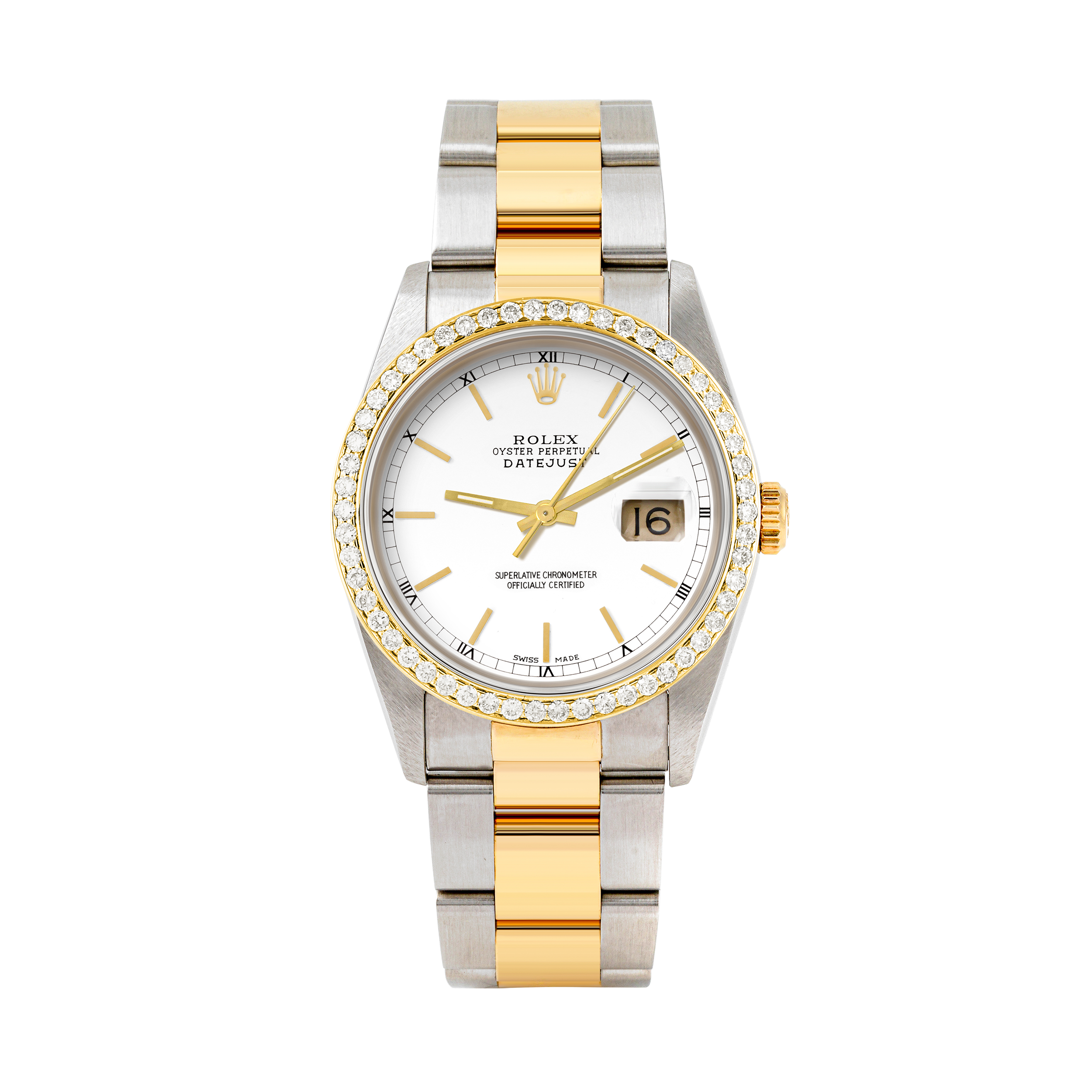 Rolex Datejust 36mm TWO TONE 16233  White  Dial |  Stick Hour Markers | 1ct Diamond Bezel