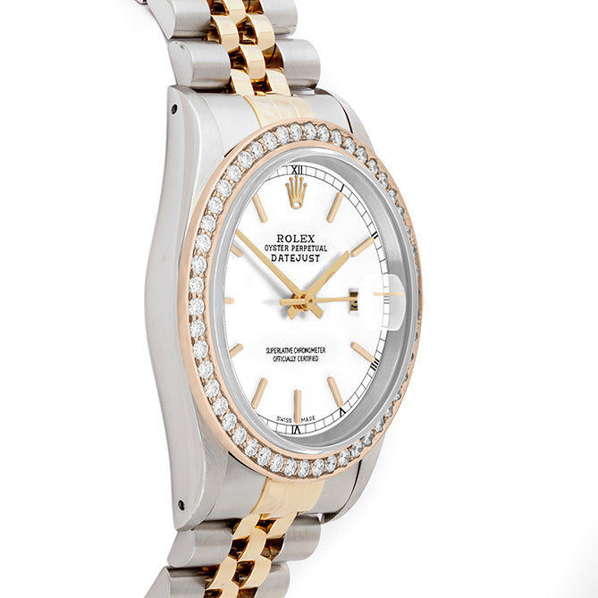 Rolex Datejust 36mm TWO TONE 16233 White  Dial | Stick Hour Markers | 1.8ct Diamond Bezel