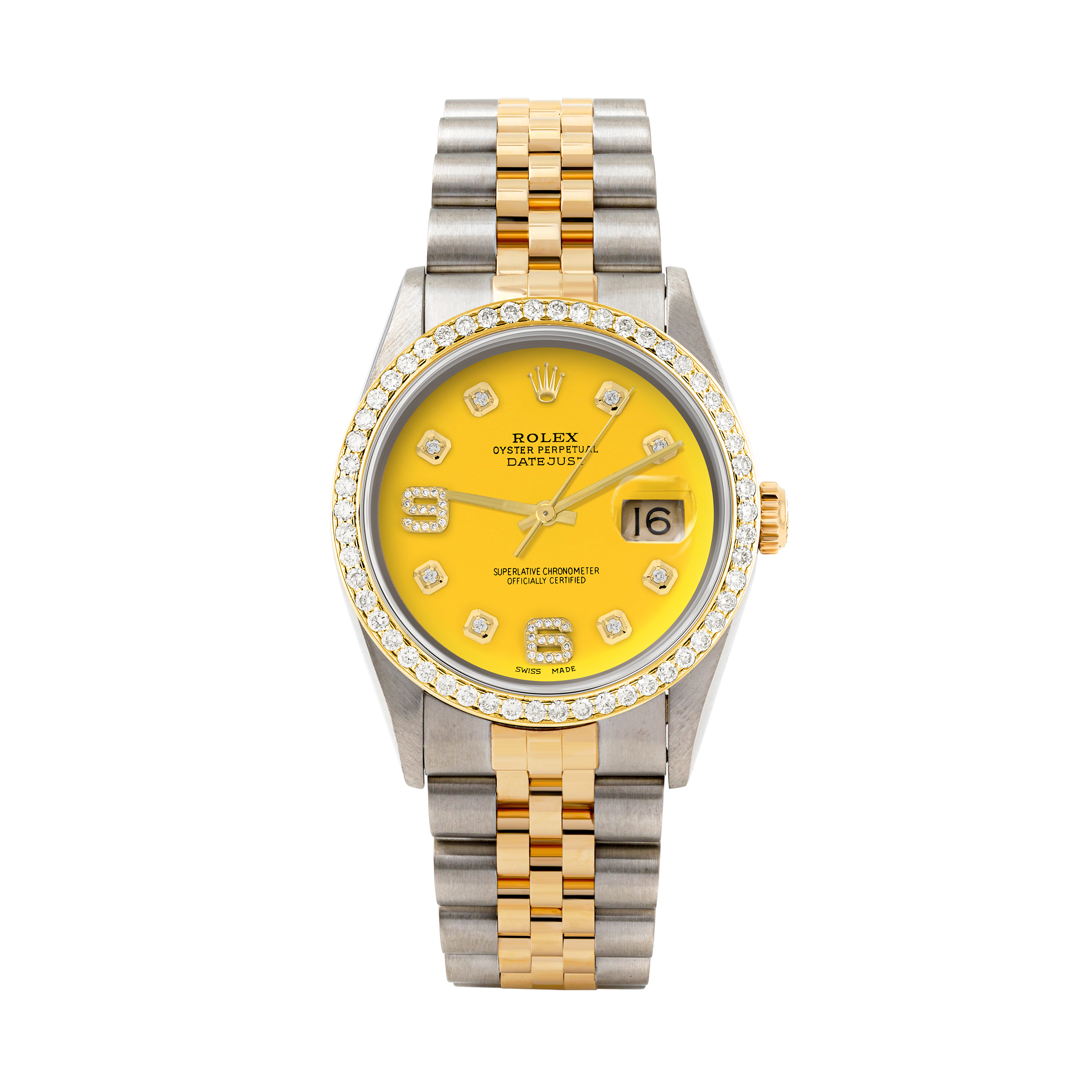 Rolex Datejust 36mm TWO TONE 16233 Yellow Dial |  6&9 Diamond  Hour Markers | 1ct Diamond Bezel