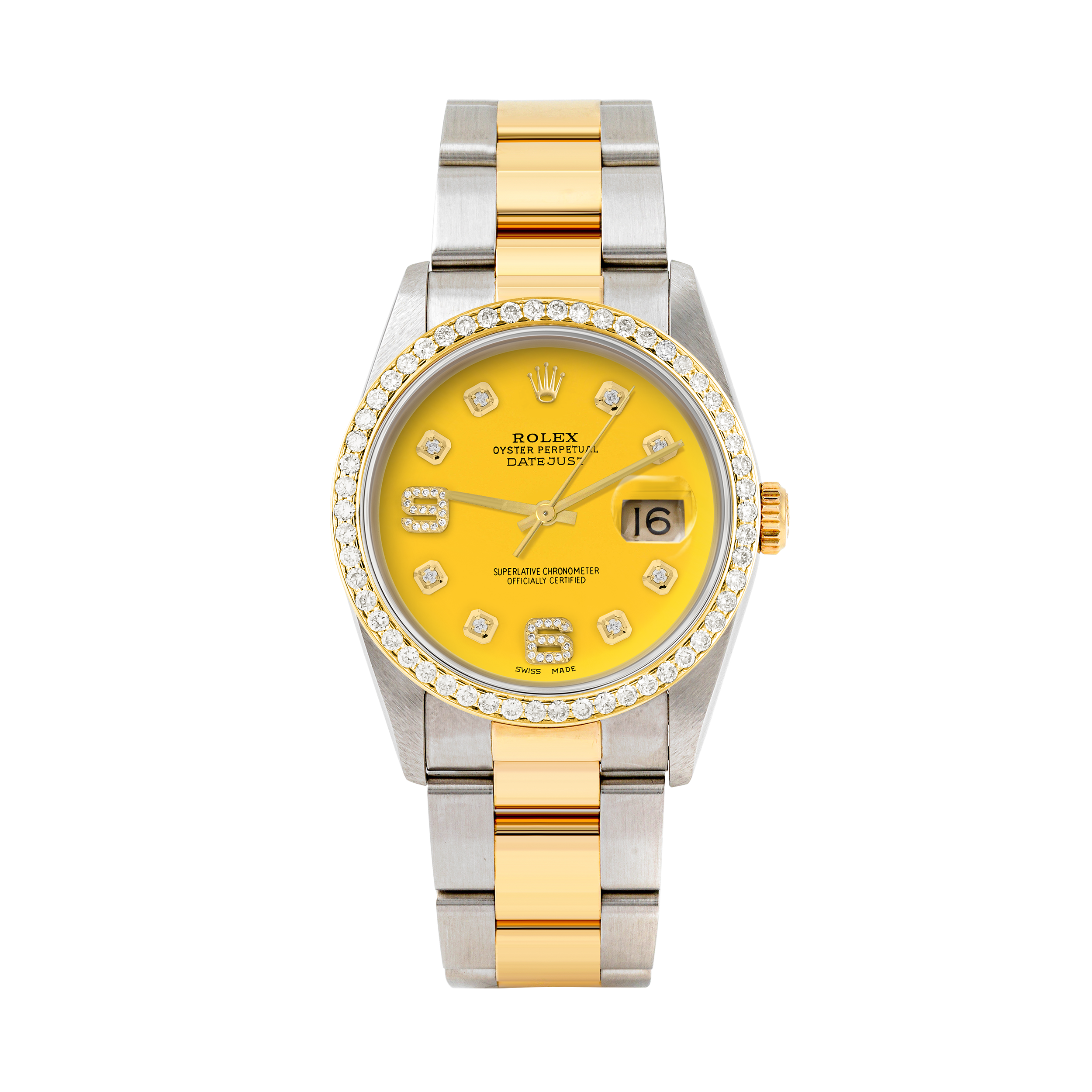 Rolex Datejust 36mm TWO TONE 16233 Yellow Dial |  6&9 Diamond  Hour Markers | 1ct Diamond Bezel