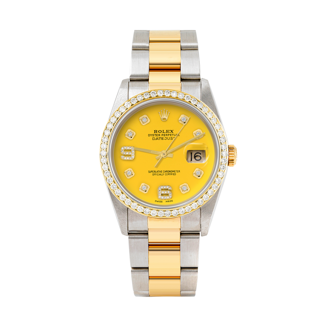 Rolex Datejust 36mm TWO TONE 16233 Yellow Dial |  6&9 Diamond  Hour Markers | 1ct Diamond Bezel
