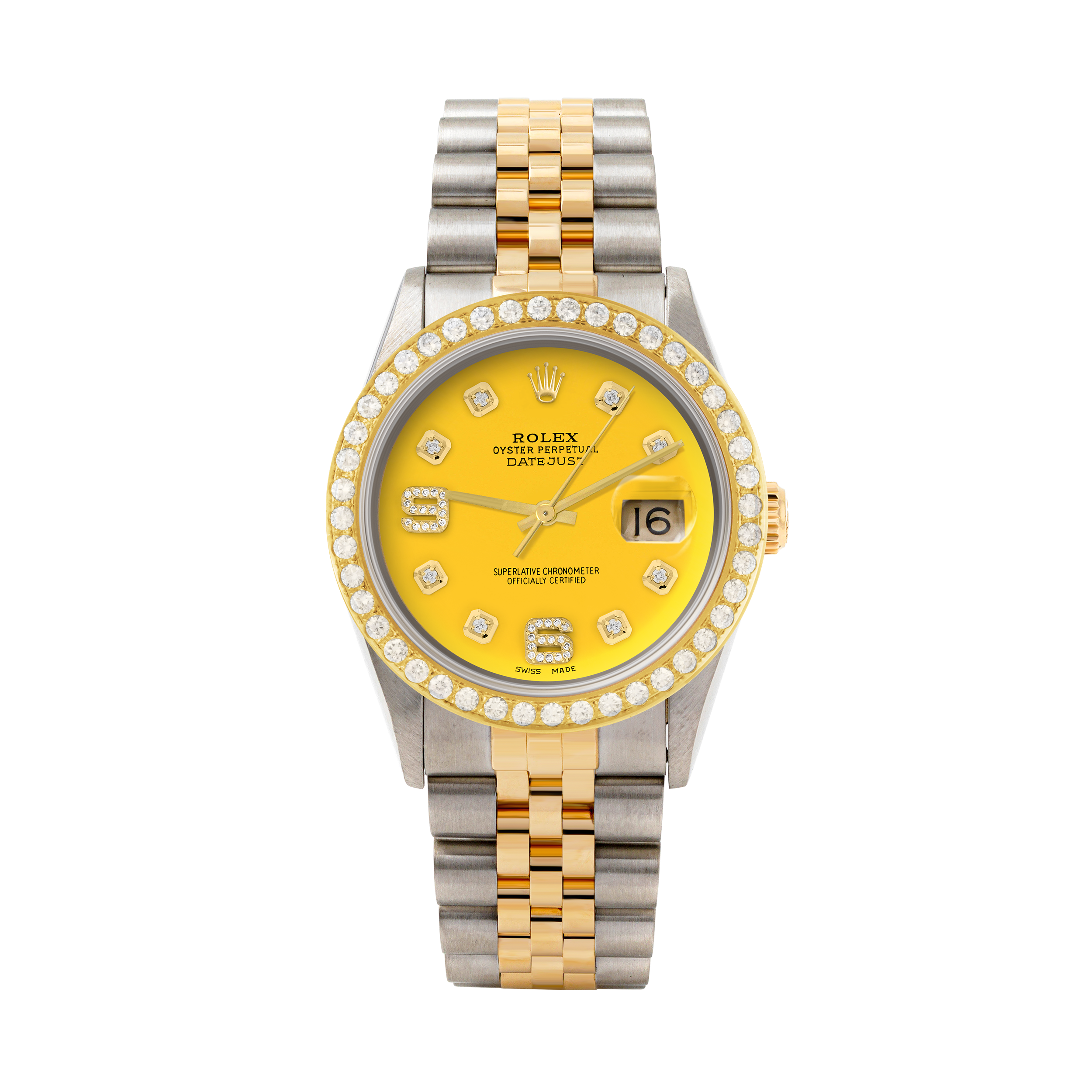 Rolex Datejust 36mm TWO TONE 16233 Yellow Dial |  6&9 Diamond  Hour Markers | 2ct Diamond Bezel
