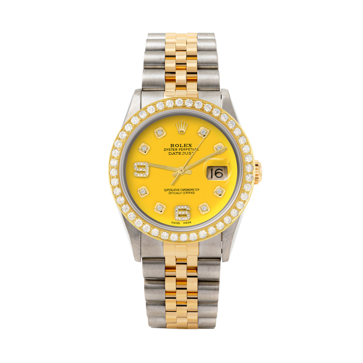 Rolex Datejust 36mm TWO TONE 16233 Yellow Dial |  6&9 Diamond  Hour Markers | 2ct Diamond Bezel