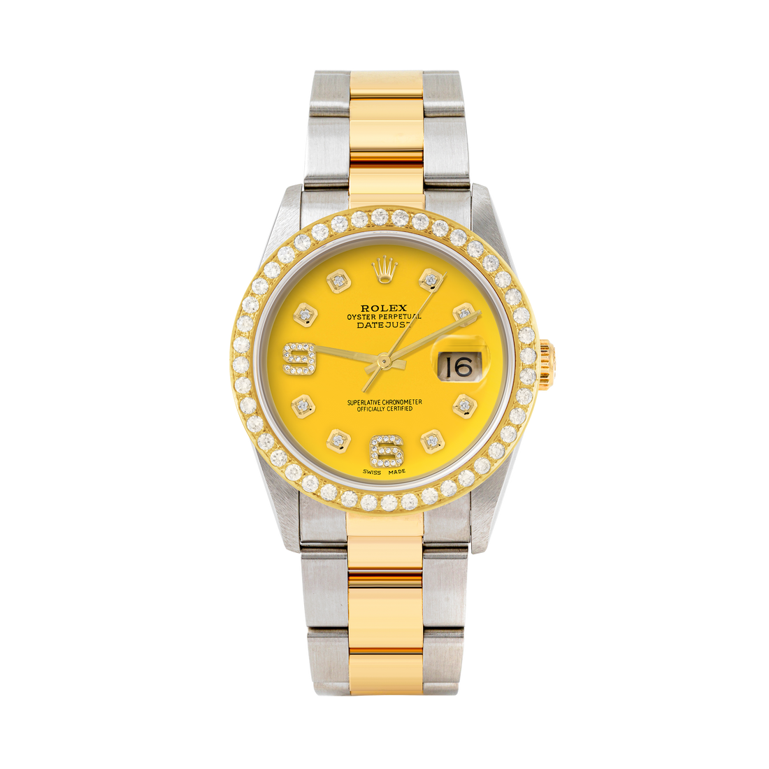 Rolex Datejust 36mm TWO TONE 16233 Yellow Dial |  6&9 Diamond  Hour Markers | 2ct Diamond Bezel