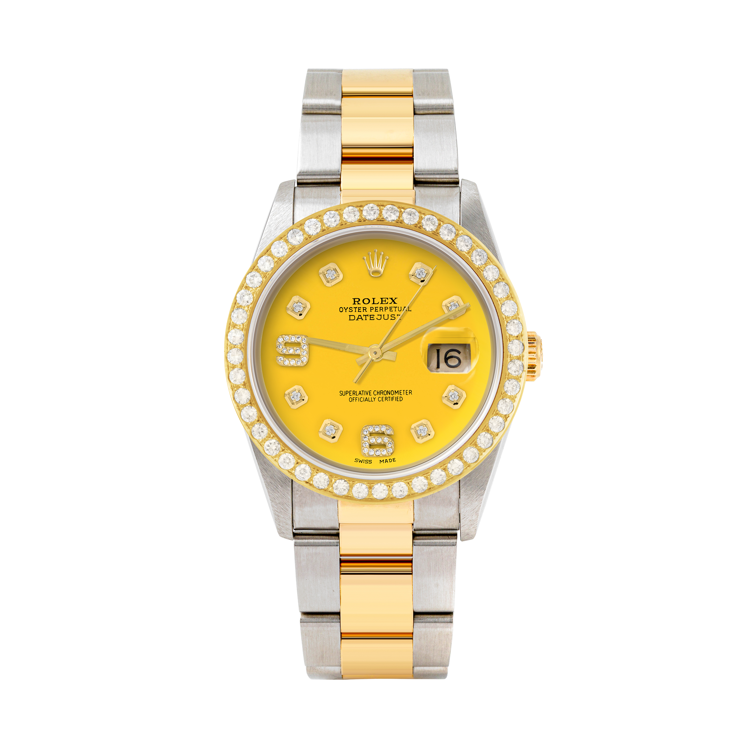 Rolex Datejust 36mm TWO TONE 16233 Yellow  Dial |  6&9 Diamond  Hour Markers | 2ct Diamond Bezel