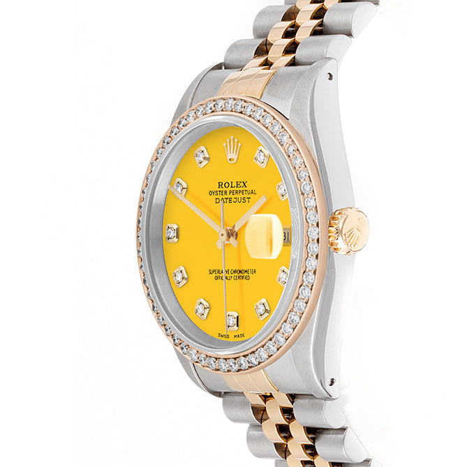 Rolex Datejust 36mm TWO TONE 16233 Yellow  Dial |  Diamond Hour Markers | 1ct Diamond Bezel