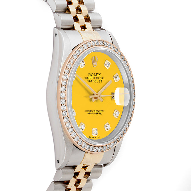 Rolex Datejust 36mm TWO TONE 16233 Yellow  Dial |  Diamond Hour Markers | 1ct Diamond Bezel