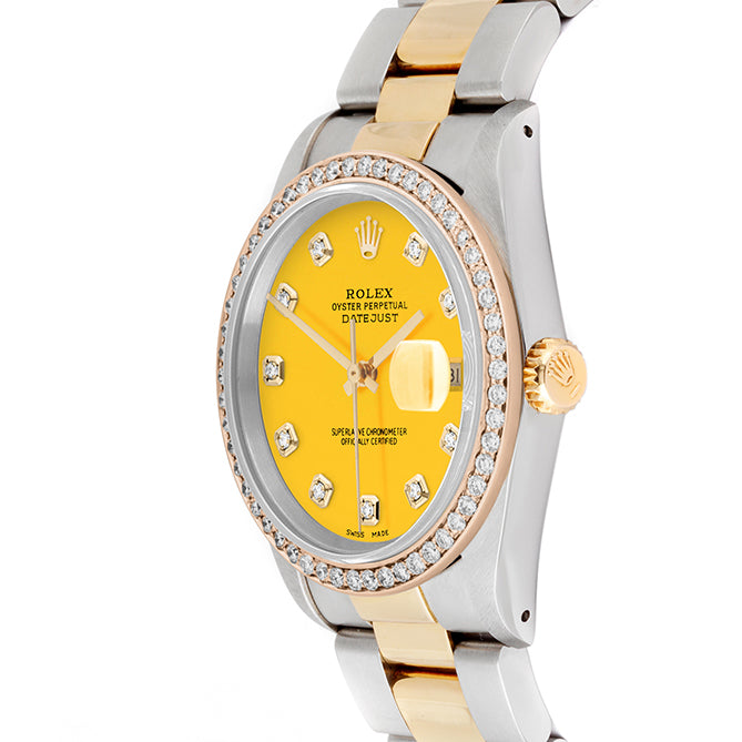 Rolex Datejust 36mm TWO TONE 16233 Yellow  Dial |  Diamond Hour Markers | 1ct Diamond Bezel